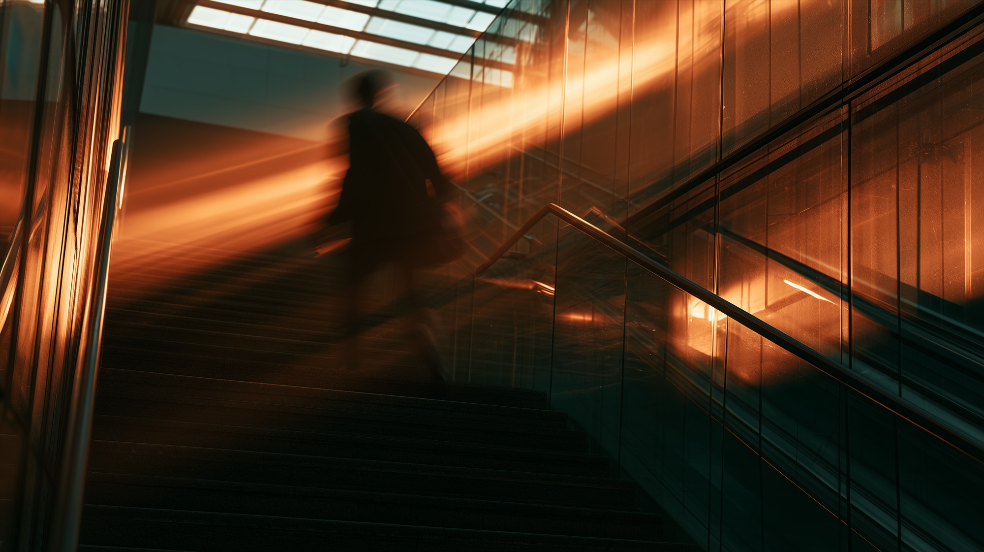 A figure on an escalator inside a glass building