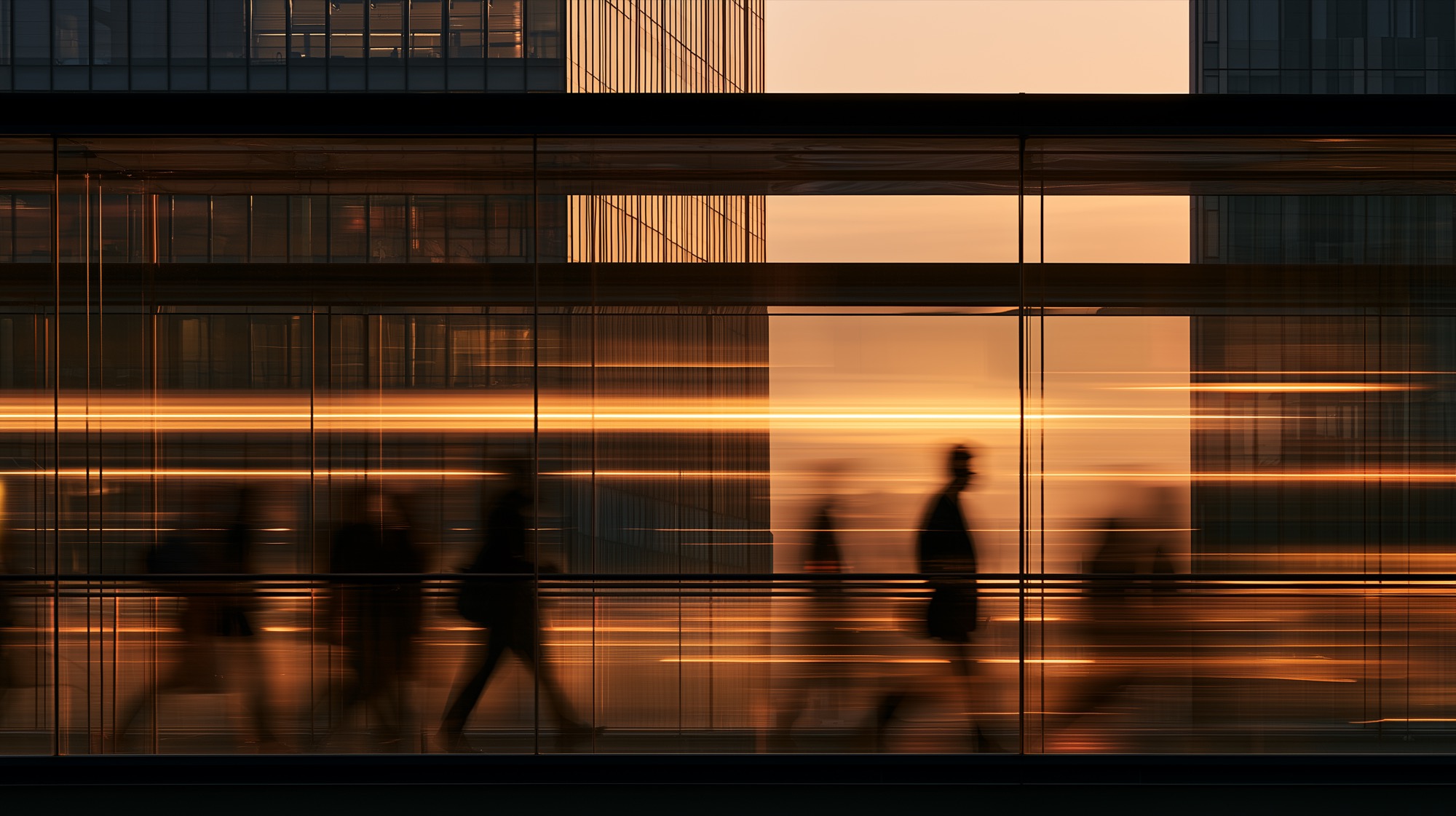 People passing a glass office façade in long exposure