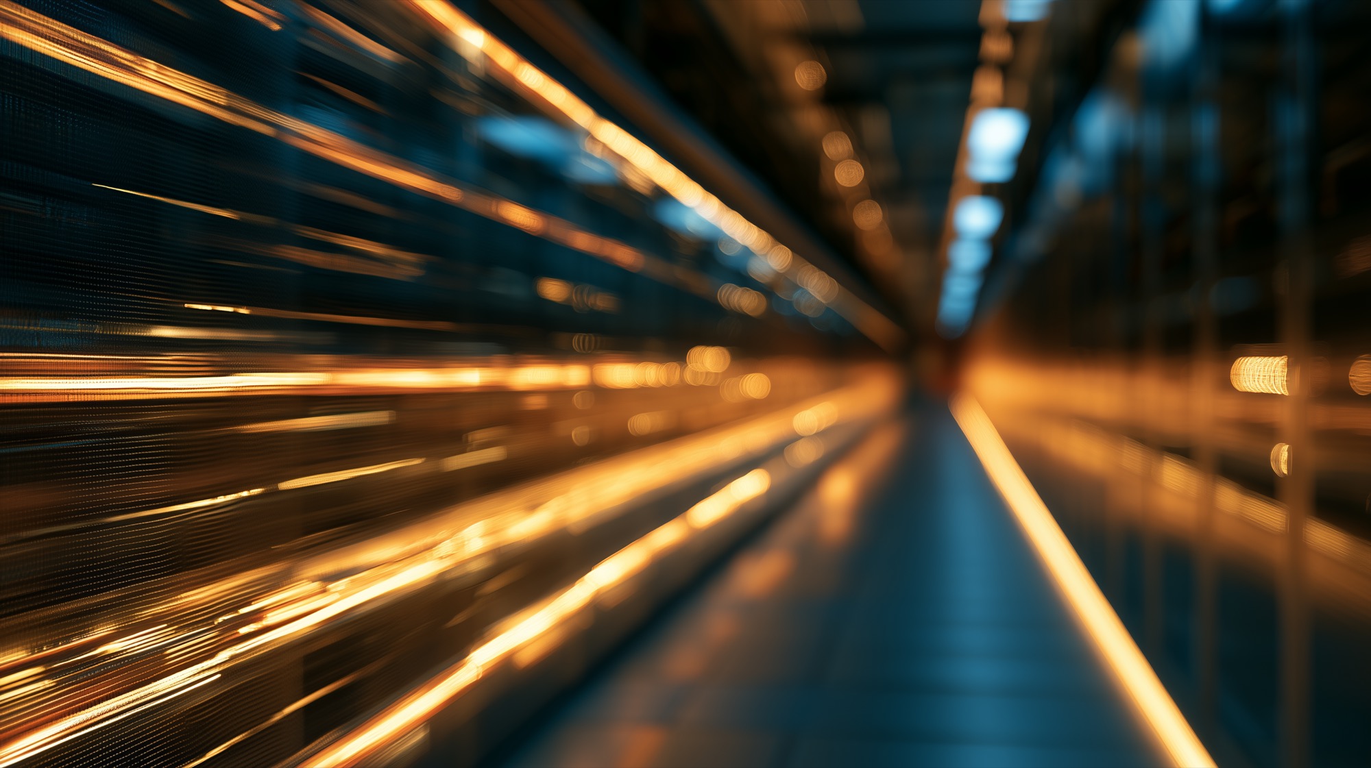 Streaks of light along a corridor at dusk